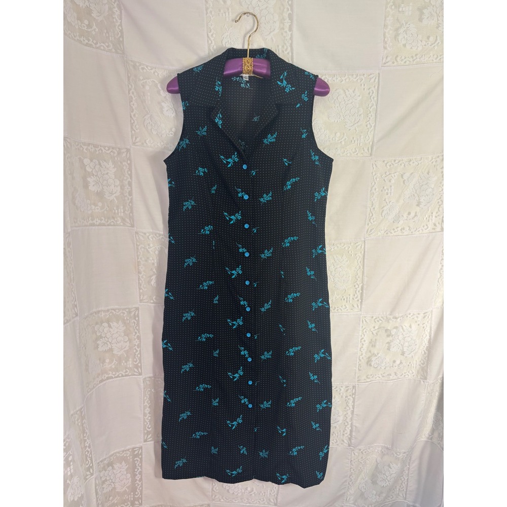 Black Turquoise Polka Dot Floral Button Front Collared Maxi Boho Dress Size L